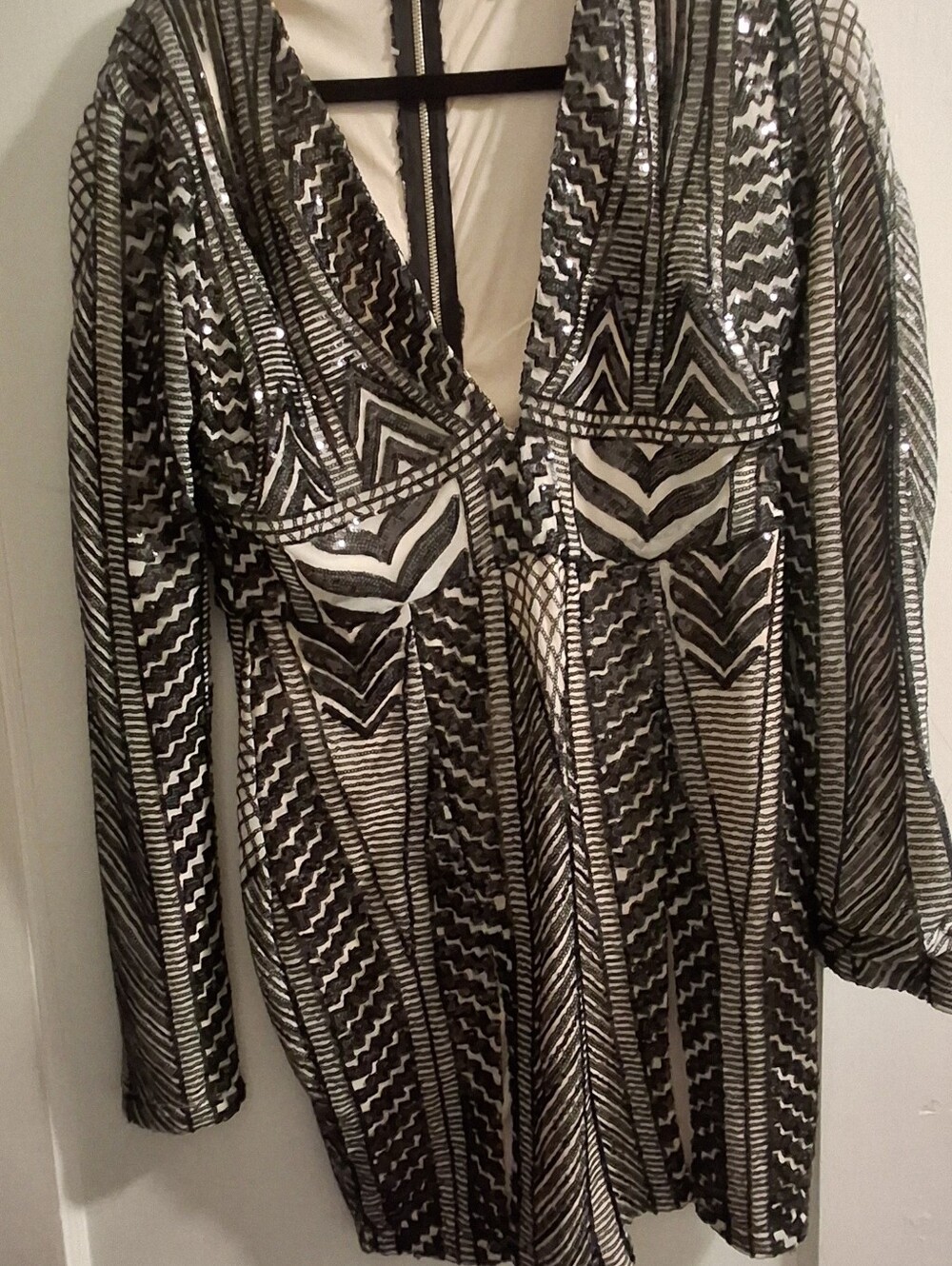 Fashion Nova Black & White Geometric Sequin Zip Jacket - Picture 5 of 5